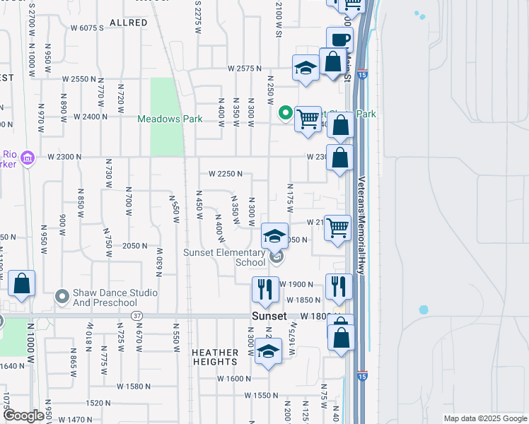 map of restaurants, bars, coffee shops, grocery stores, and more near 2129 North 250 West in Sunset