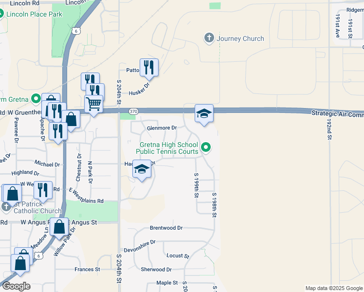 map of restaurants, bars, coffee shops, grocery stores, and more near 11277 South 200th Street in Gretna