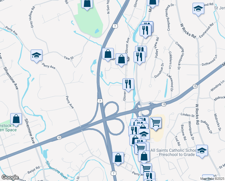 map of restaurants, bars, coffee shops, grocery stores, and more near 45 Glover Avenue in Norwalk