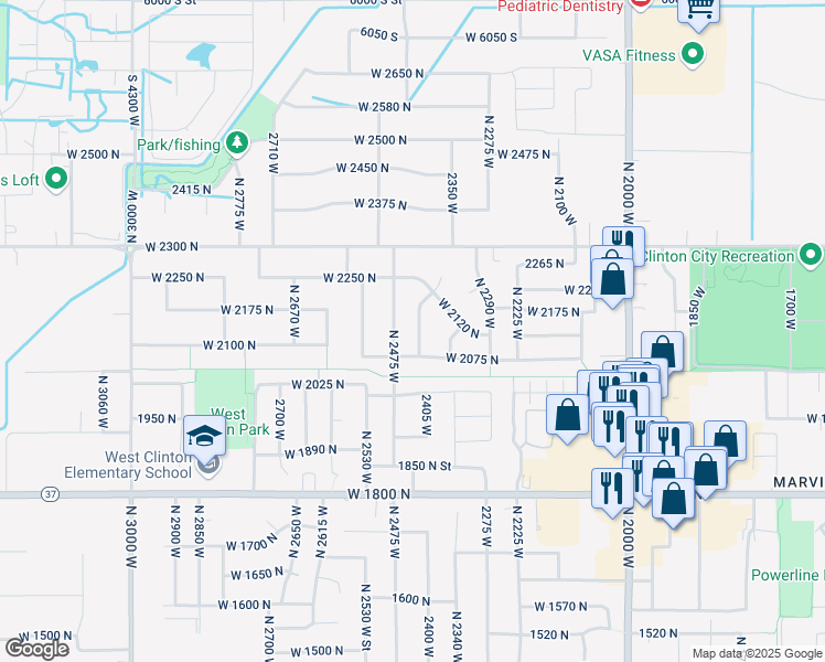 map of restaurants, bars, coffee shops, grocery stores, and more near 2127 2400 West Street in Clinton