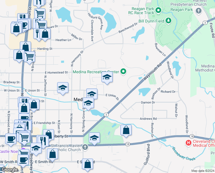 map of restaurants, bars, coffee shops, grocery stores, and more near 777 East Union Street in Medina