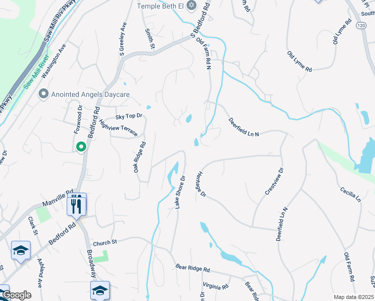 map of restaurants, bars, coffee shops, grocery stores, and more near 255 Lake Shore Drive in Pleasantville