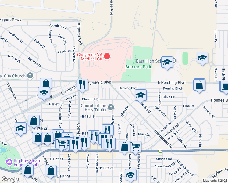 map of restaurants, bars, coffee shops, grocery stores, and more near 1889 Cherry Court in Cheyenne