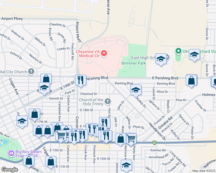 map of restaurants, bars, coffee shops, grocery stores, and more near 1889 Cherry Court in Cheyenne