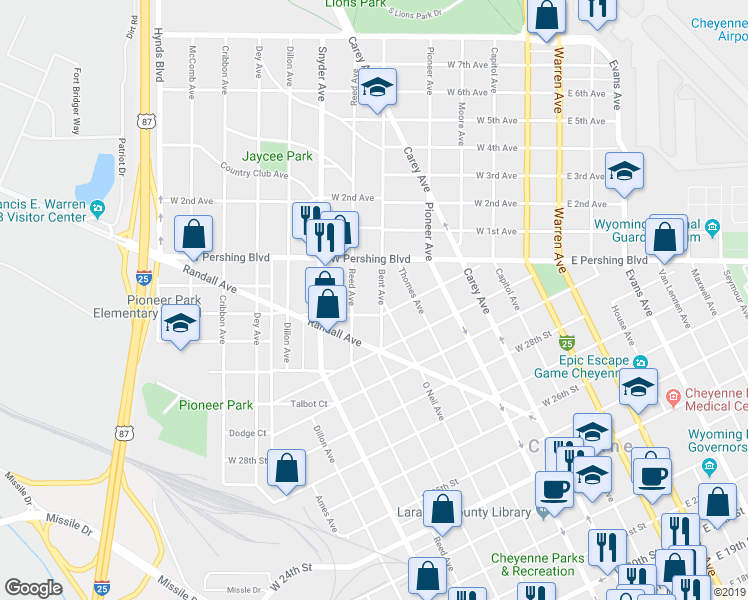 map of restaurants, bars, coffee shops, grocery stores, and more near 3118 Bent Avenue in Cheyenne