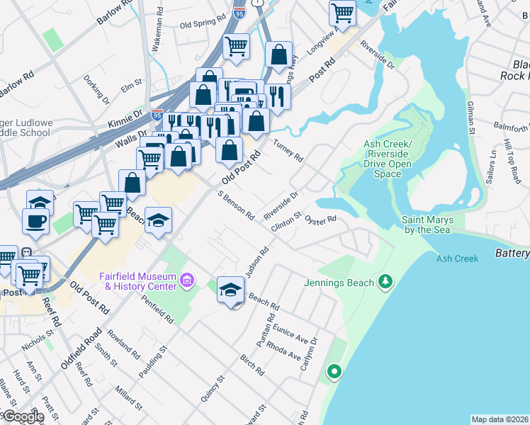 map of restaurants, bars, coffee shops, grocery stores, and more near 856 Riverside Drive in Fairfield