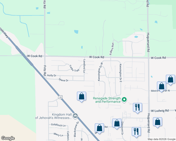 map of restaurants, bars, coffee shops, grocery stores, and more near 7221 Landlord Lane in Fort Wayne