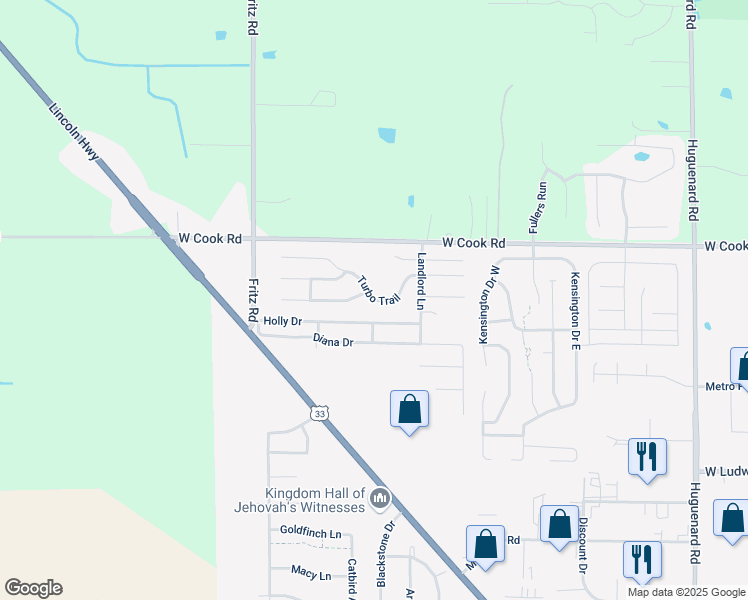 map of restaurants, bars, coffee shops, grocery stores, and more near 4920 Turbo Trail in Fort Wayne