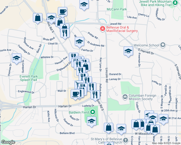map of restaurants, bars, coffee shops, grocery stores, and more near 16 Lee Drive in Bellevue