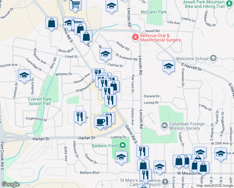 map of restaurants, bars, coffee shops, grocery stores, and more near 16 Lee Drive in Bellevue