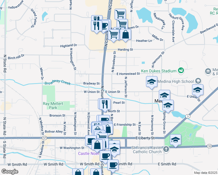 map of restaurants, bars, coffee shops, grocery stores, and more near 520 North Broadway Street in Medina