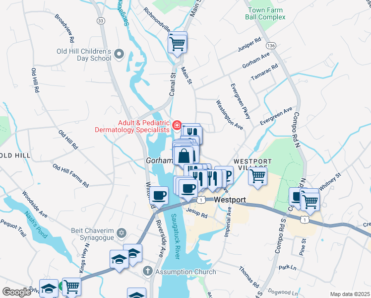 map of restaurants, bars, coffee shops, grocery stores, and more near 9 Belden Place in Westport