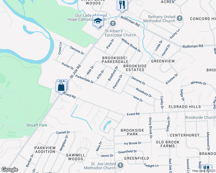 map of restaurants, bars, coffee shops, grocery stores, and more near 6910 Bradford Drive in Fort Wayne