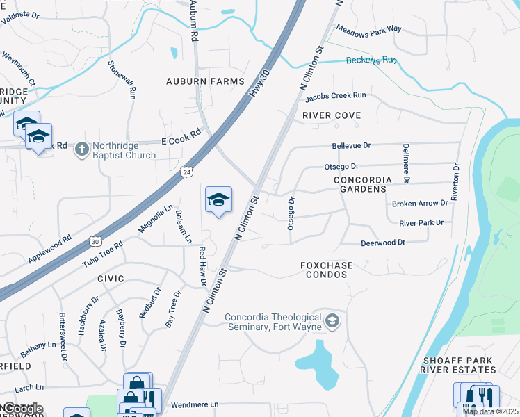 map of restaurants, bars, coffee shops, grocery stores, and more near 1910 Beechmont Drive in Fort Wayne