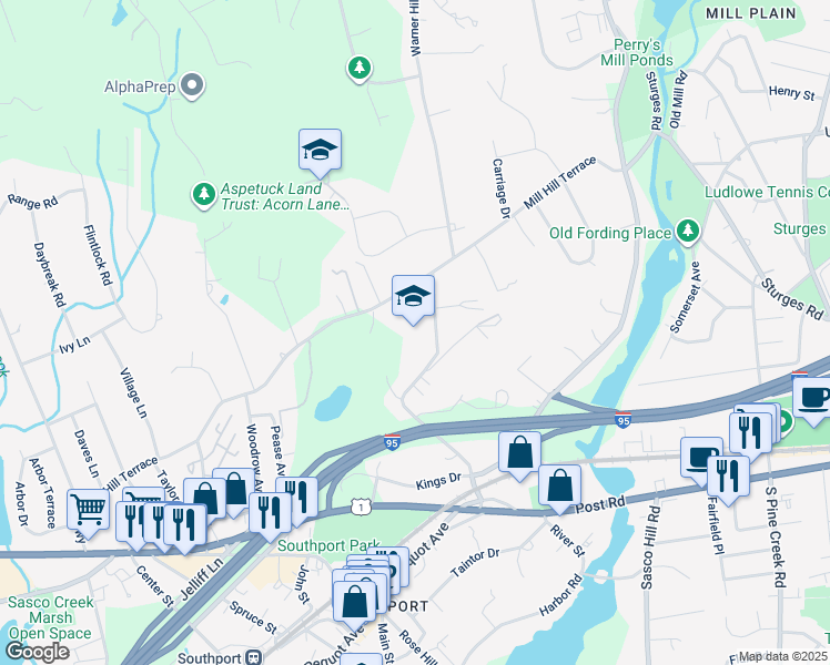 map of restaurants, bars, coffee shops, grocery stores, and more near 635 Mill Hill Terrace in Fairfield