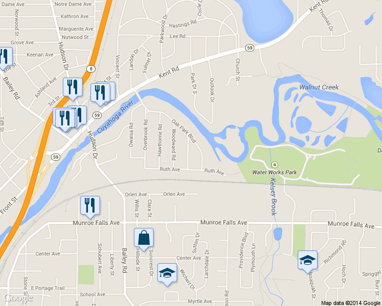 map of restaurants, bars, coffee shops, grocery stores, and more near 2627 Sylvan Rd in Cuyahoga Falls