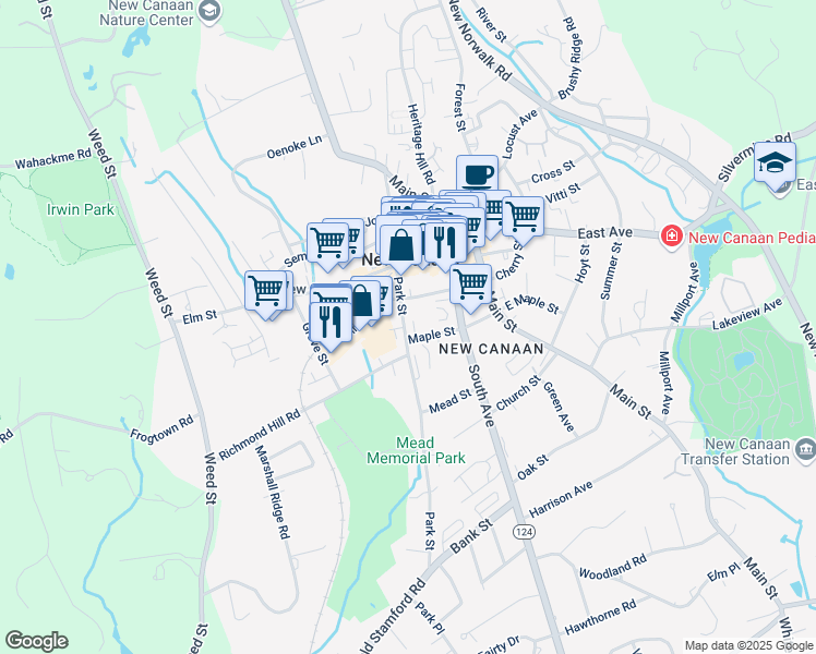 map of restaurants, bars, coffee shops, grocery stores, and more near 6 Maple Street in New Canaan