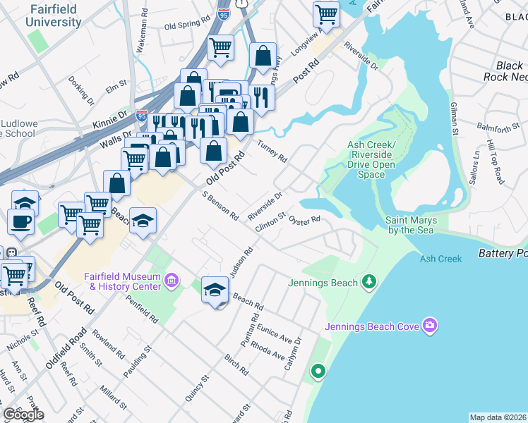 map of restaurants, bars, coffee shops, grocery stores, and more near 856 Riverside Drive in Fairfield