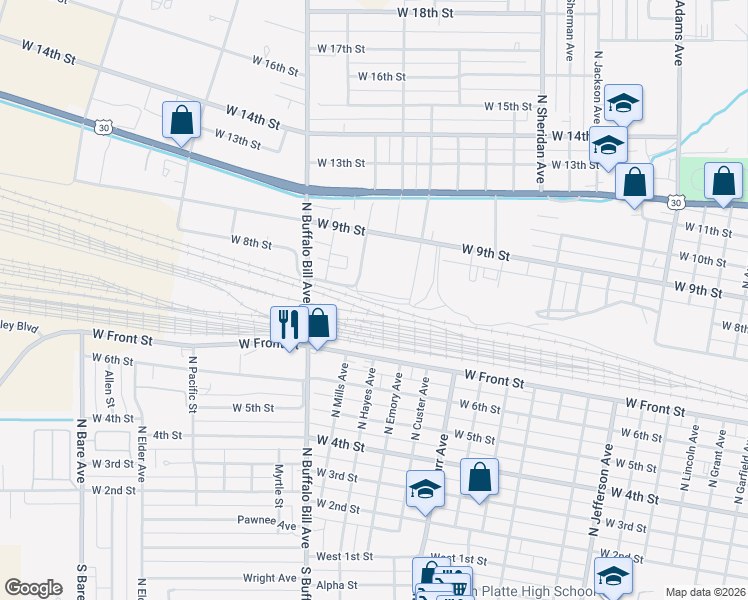 map of restaurants, bars, coffee shops, grocery stores, and more near 8th Street in North Platte
