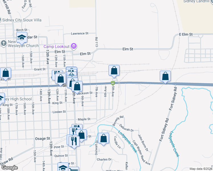 map of restaurants, bars, coffee shops, grocery stores, and more near 551 Illinois Street in Sidney