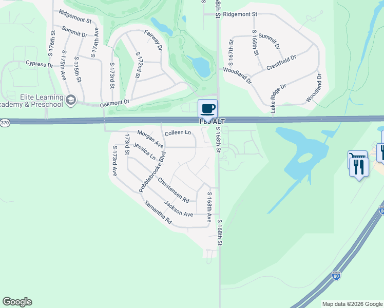 map of restaurants, bars, coffee shops, grocery stores, and more near 17003 Morgan Avenue in Gretna