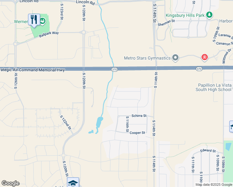 map of restaurants, bars, coffee shops, grocery stores, and more near 11625 Shepard Street in Papillion