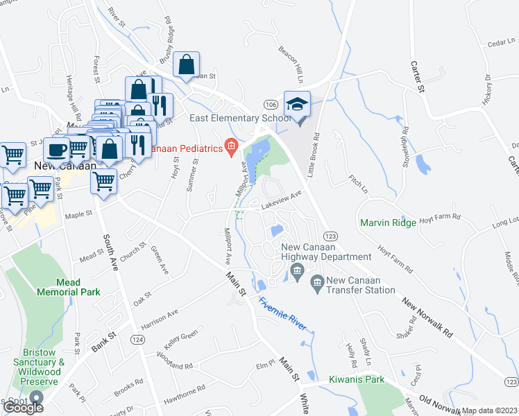 map of restaurants, bars, coffee shops, grocery stores, and more near 84 Lakeview Avenue in New Canaan