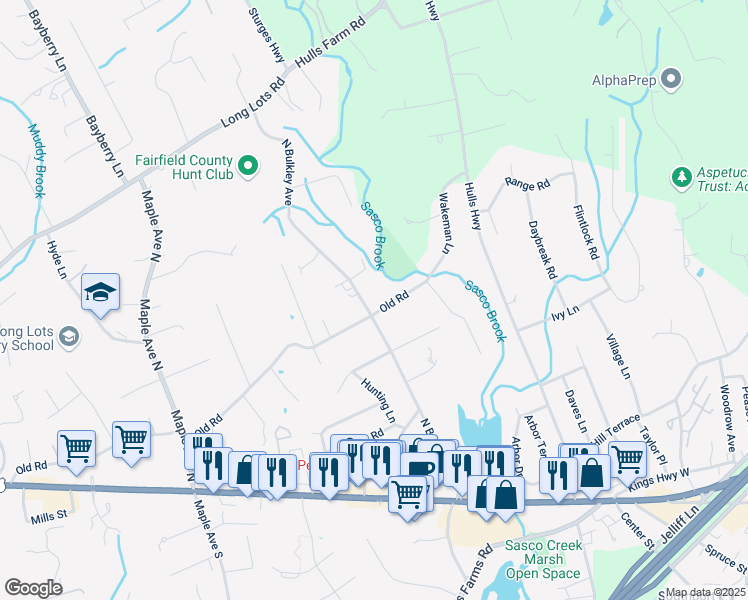 map of restaurants, bars, coffee shops, grocery stores, and more near 56 North Bulkley Avenue in Westport