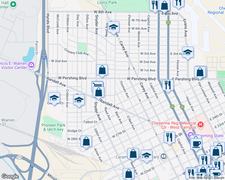 map of restaurants, bars, coffee shops, grocery stores, and more near 3118 Bent Avenue in Cheyenne