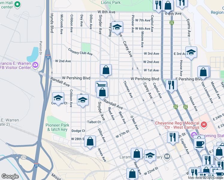 map of restaurants, bars, coffee shops, grocery stores, and more near 3118 Bent Avenue in Cheyenne