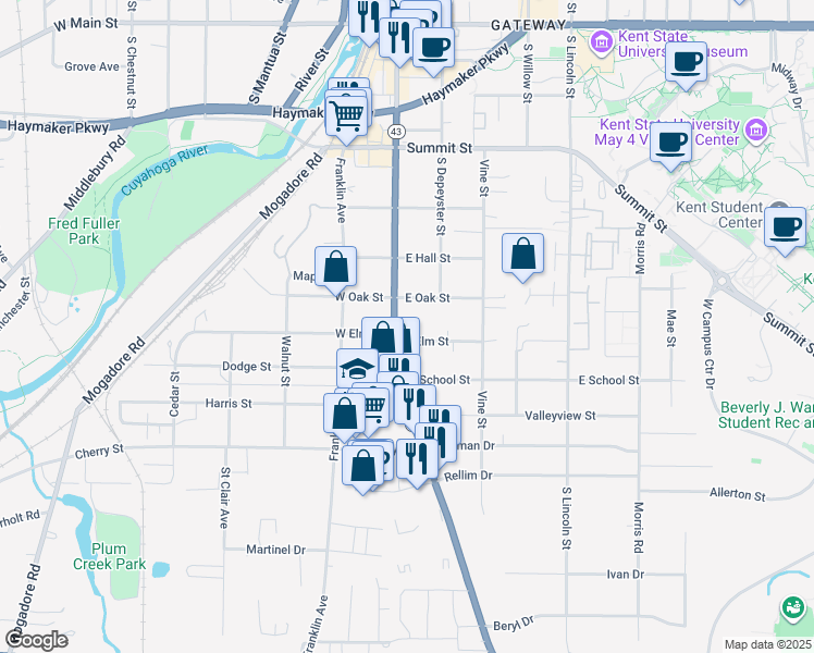map of restaurants, bars, coffee shops, grocery stores, and more near 918 South Water Street in Kent
