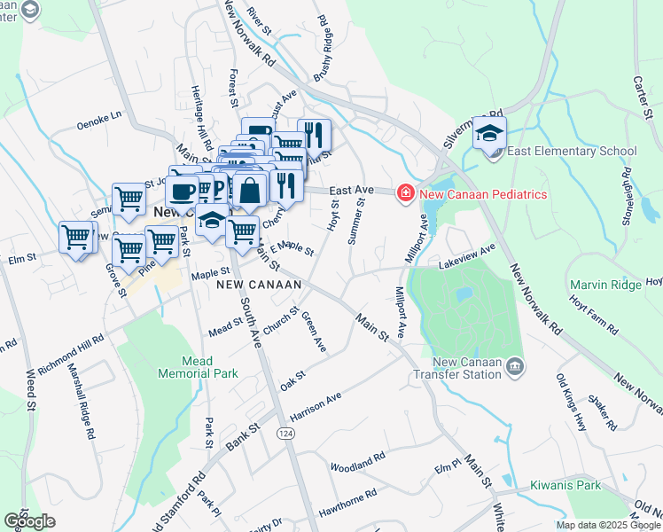 map of restaurants, bars, coffee shops, grocery stores, and more near 19 Lakeview Lane in New Canaan
