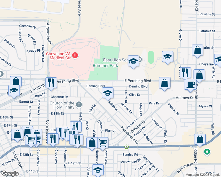 map of restaurants, bars, coffee shops, grocery stores, and more near 2743 Deming Boulevard in Cheyenne