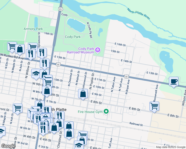 map of restaurants, bars, coffee shops, grocery stores, and more near 1151 North Poplar Street in North Platte