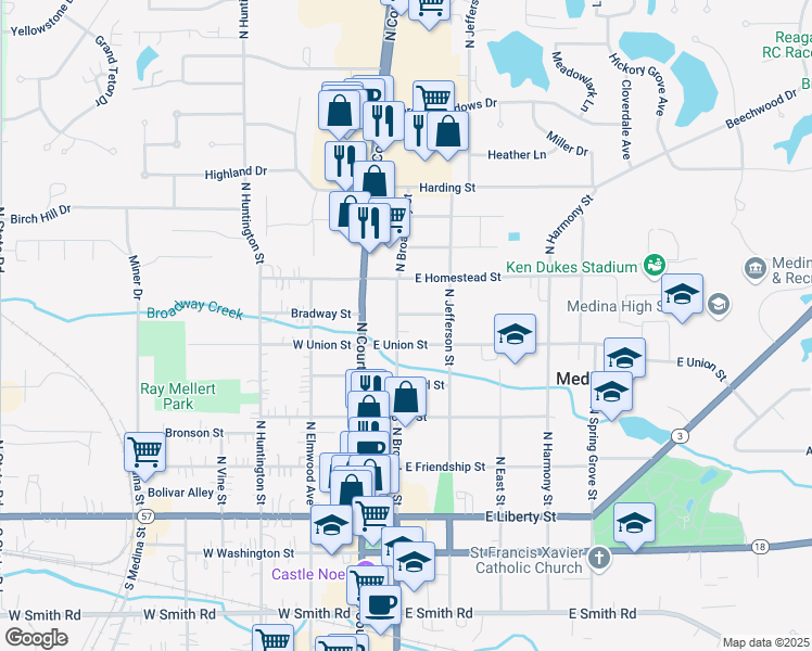 map of restaurants, bars, coffee shops, grocery stores, and more near 520 North Broadway Street in Medina