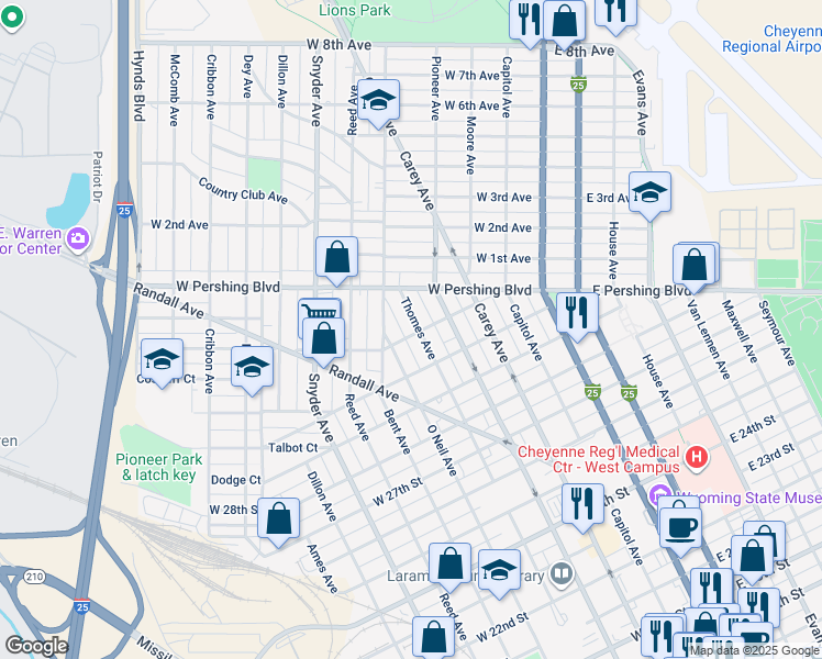 map of restaurants, bars, coffee shops, grocery stores, and more near 500 West 31st Street in Cheyenne