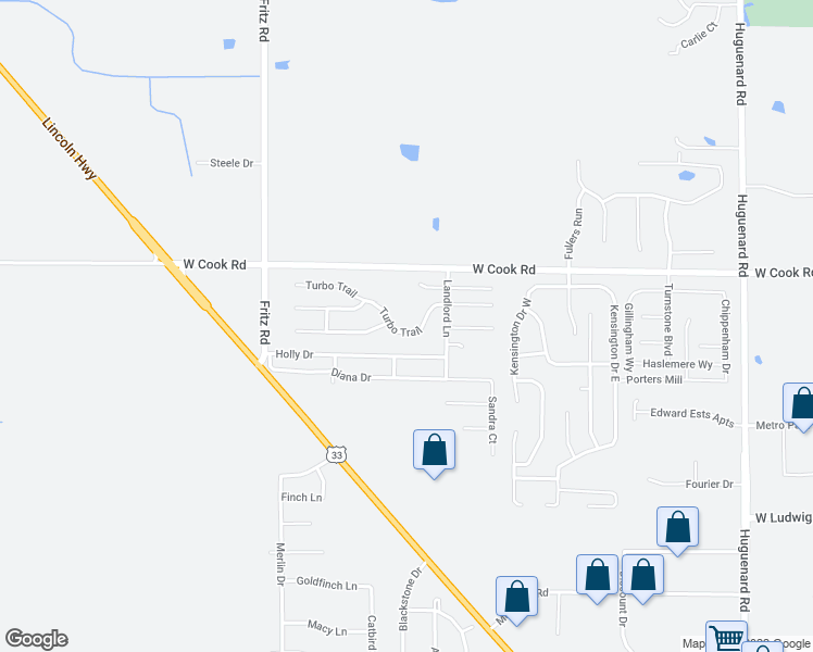 map of restaurants, bars, coffee shops, grocery stores, and more near 4920 Turbo Trail in Fort Wayne