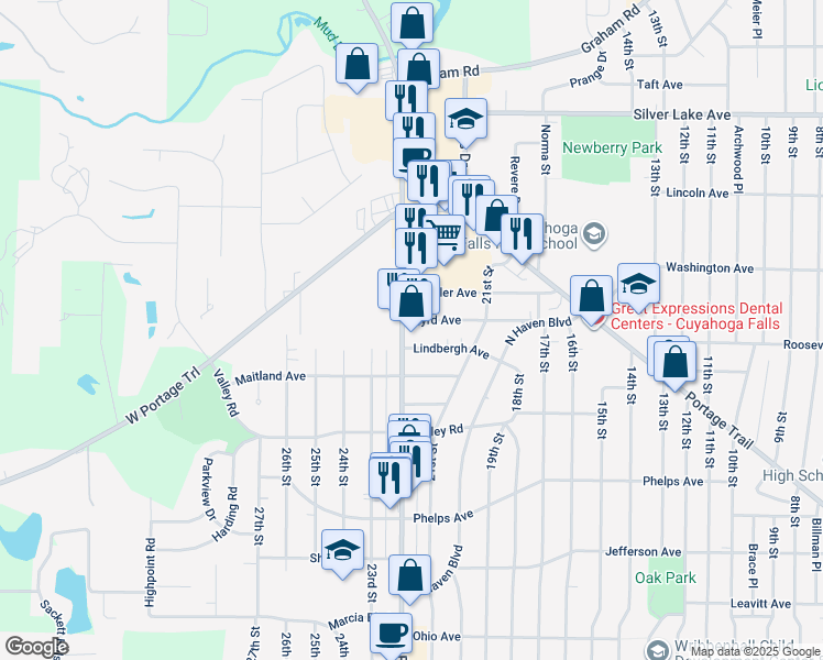 map of restaurants, bars, coffee shops, grocery stores, and more near 2625 State Road in Cuyahoga Falls