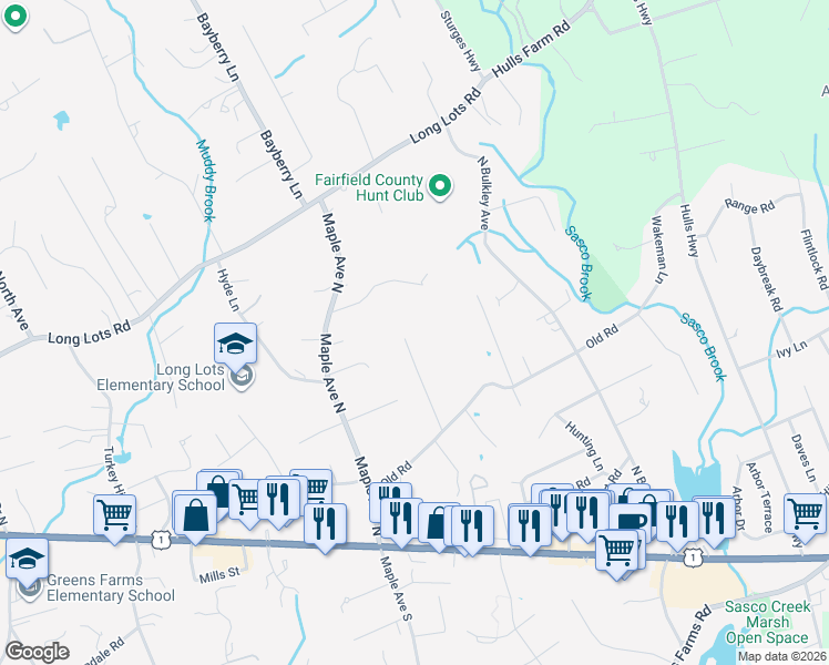 map of restaurants, bars, coffee shops, grocery stores, and more near 10 Forest Drive in Westport