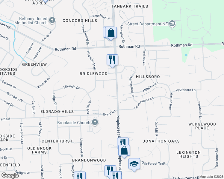 map of restaurants, bars, coffee shops, grocery stores, and more near 7015 Maplecrest Road in Fort Wayne