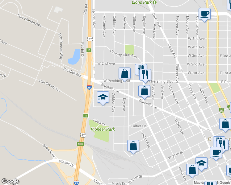 map of restaurants, bars, coffee shops, grocery stores, and more near 1223 Randall Avenue in Cheyenne