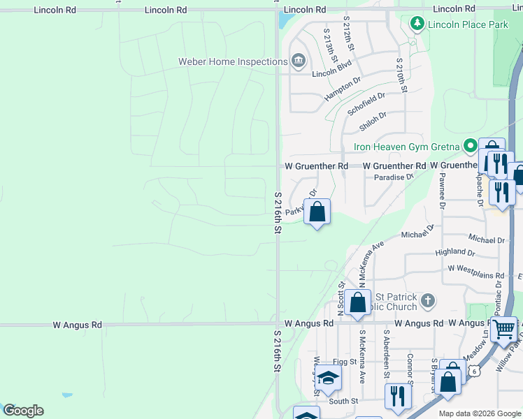 map of restaurants, bars, coffee shops, grocery stores, and more near 11302 South 216th Street in Gretna