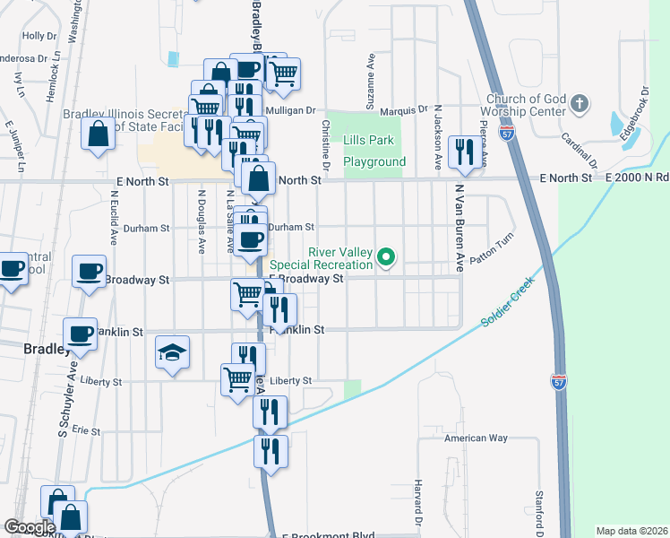 map of restaurants, bars, coffee shops, grocery stores, and more near 1141 East Broadway Street in Bradley