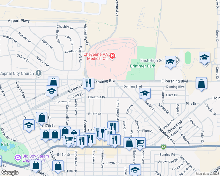 map of restaurants, bars, coffee shops, grocery stores, and more near 2532 Deming Boulevard in Cheyenne