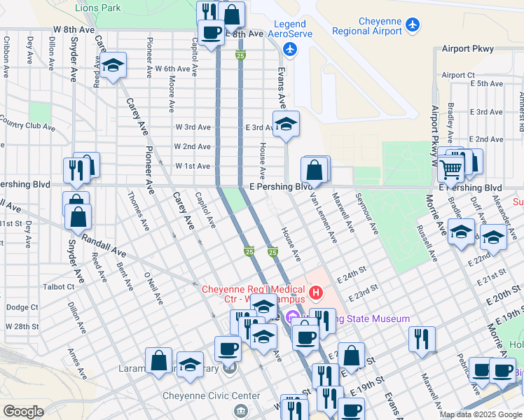 map of restaurants, bars, coffee shops, grocery stores, and more near 2810 House Avenue in Cheyenne