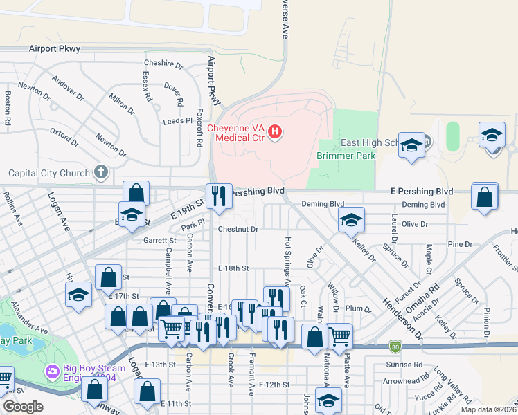 map of restaurants, bars, coffee shops, grocery stores, and more near 2532 Deming Boulevard in Cheyenne