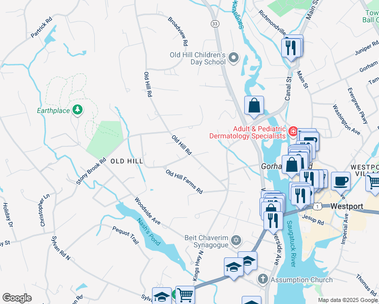 map of restaurants, bars, coffee shops, grocery stores, and more near 20 Old Hill Road in Westport