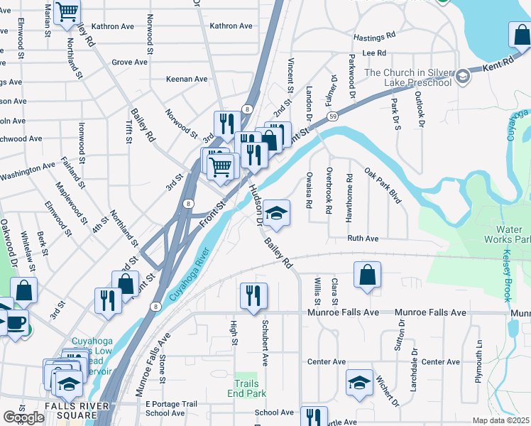 map of restaurants, bars, coffee shops, grocery stores, and more near 738 Gaylord Grove Road in Cuyahoga Falls