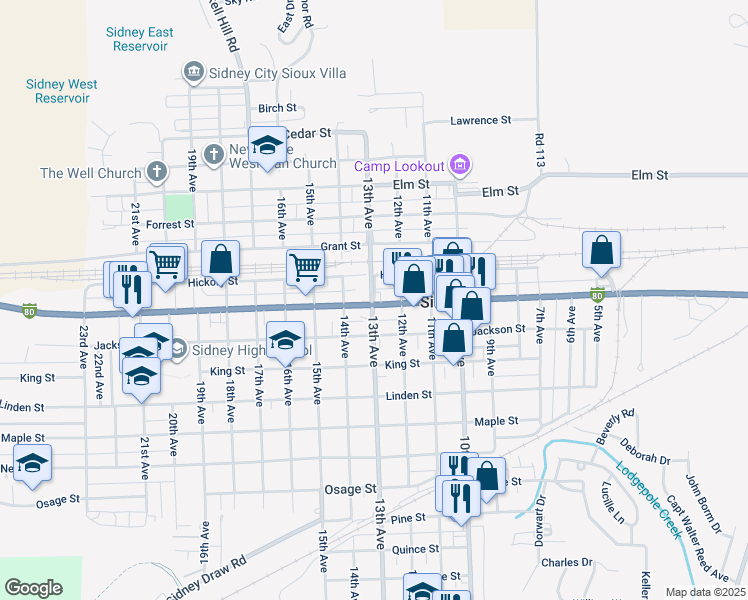 map of restaurants, bars, coffee shops, grocery stores, and more near in Sidney