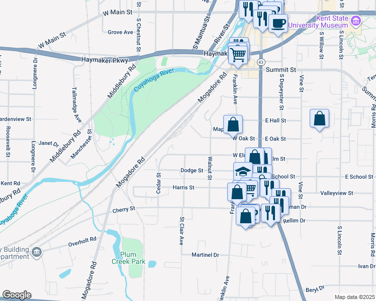 map of restaurants, bars, coffee shops, grocery stores, and more near 349 W Elm St in Kent